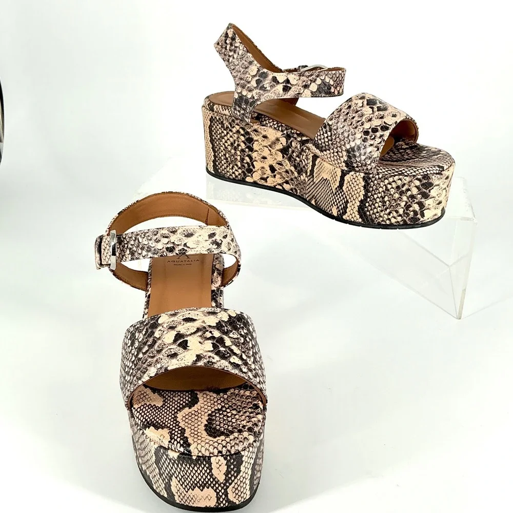 Aquatalia Size 8.5 Snake Print Leather Platform Sandals Neutral NEW Dinah $345